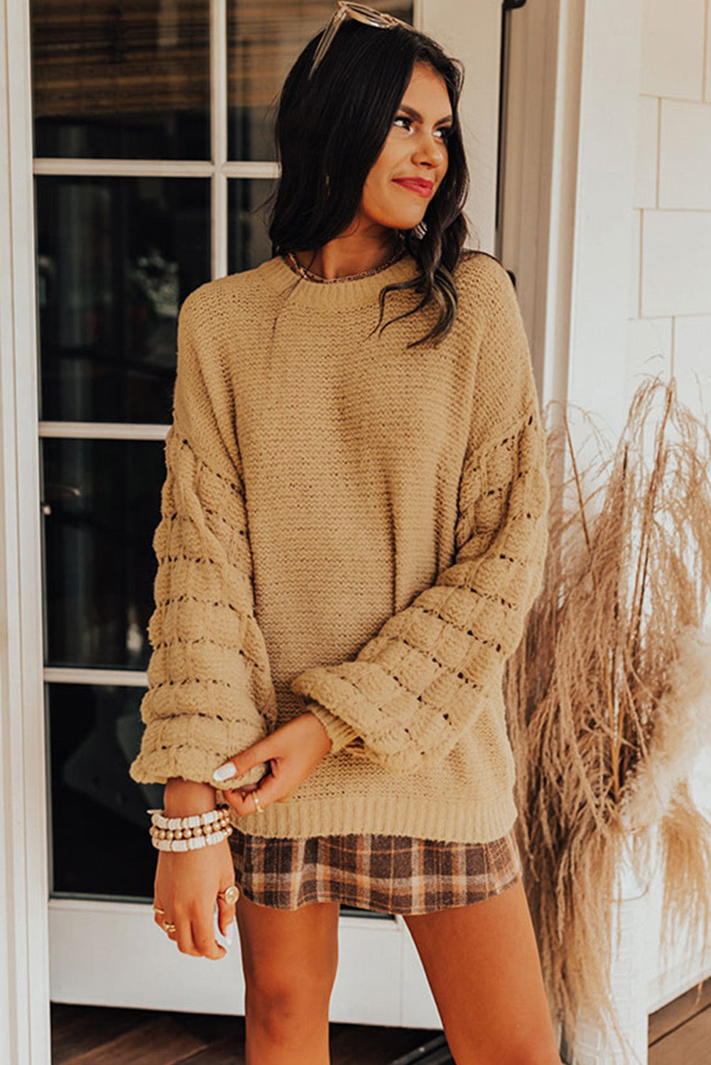 Khaki Casual Hollowed Long Sleeve Knit Sweater