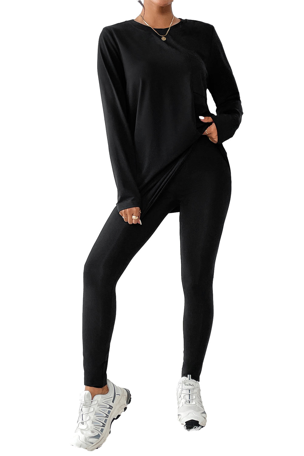 Black Solid Tunic Top and Slim Fit Pants Two Piece Set