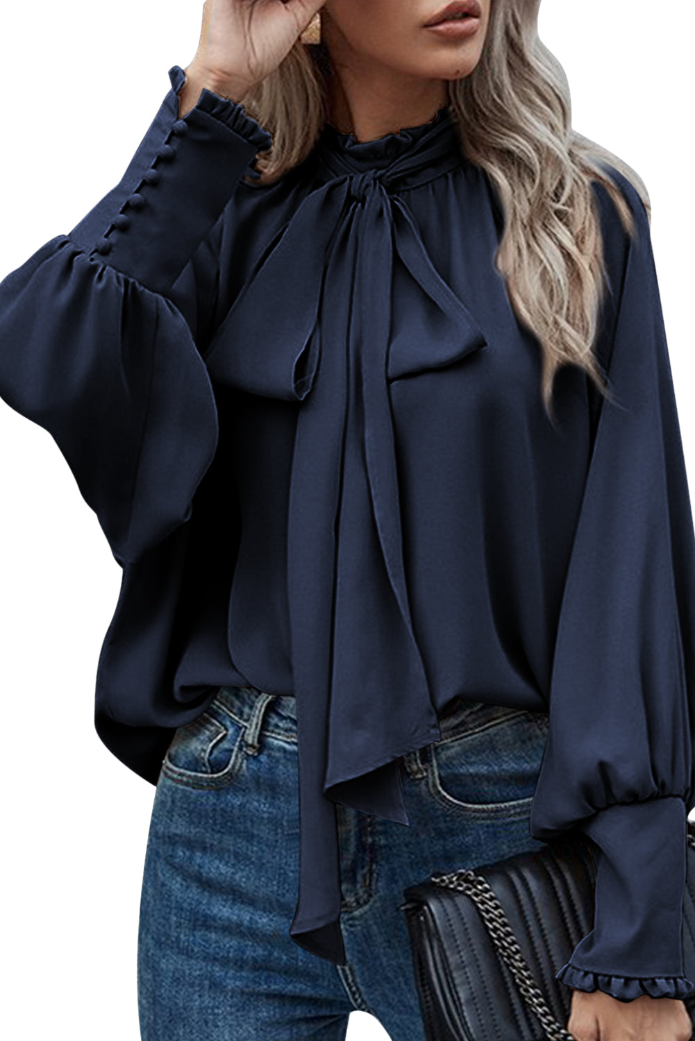 Navy Blue Satin Buttoned Cuffs Bishop Sleeve Tie Neck Blouse