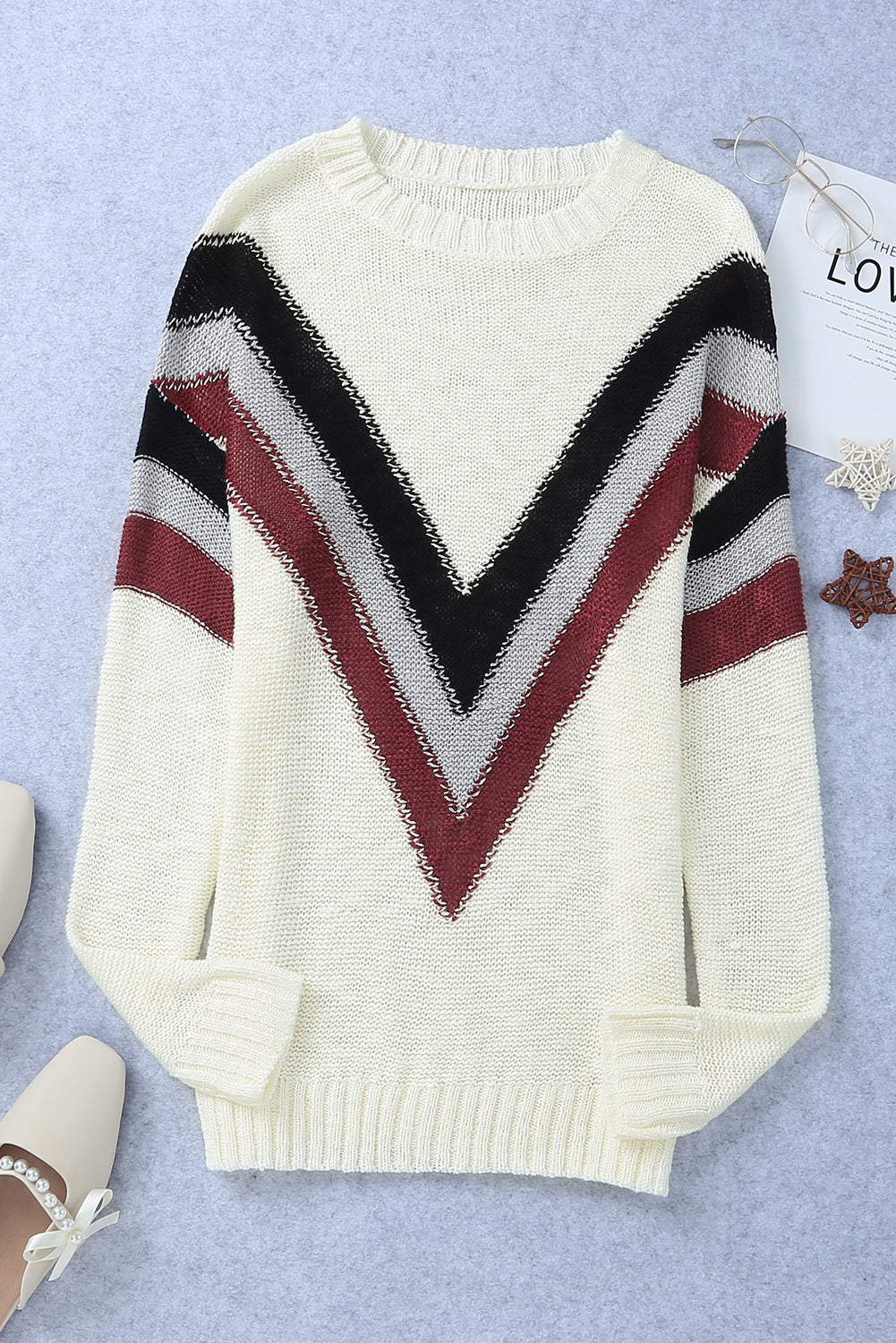 Black Chevron Casual Drop Shoulder Knit Sweater