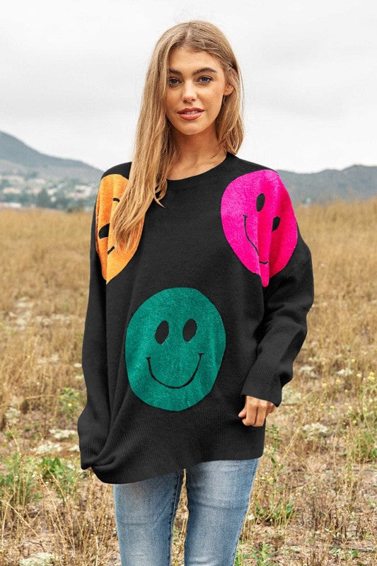 Smile Printed Long Sleeve Loose Fir Knit Sweater