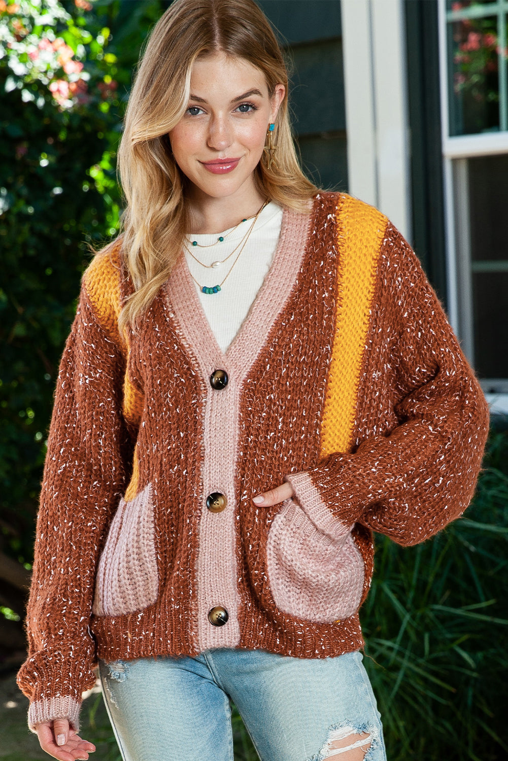 Brown Color Block Button Front Knitted Cardigan