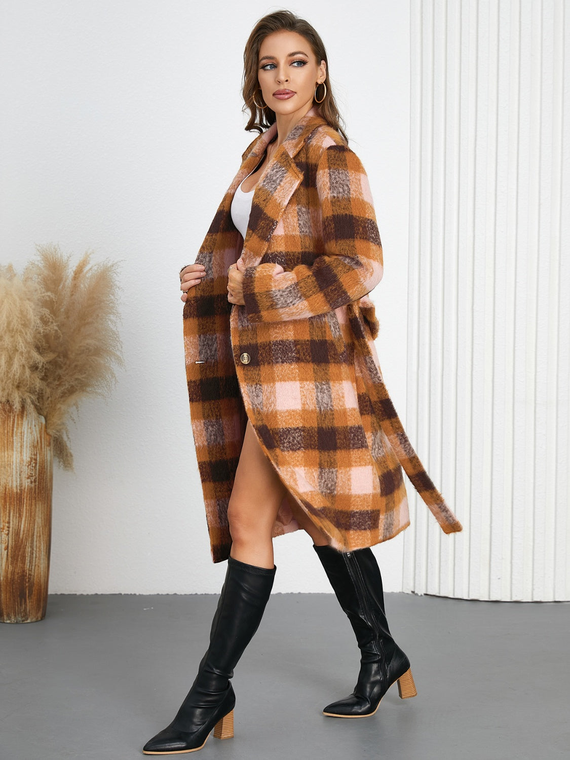 Tied Plaid Collared Neck Coat