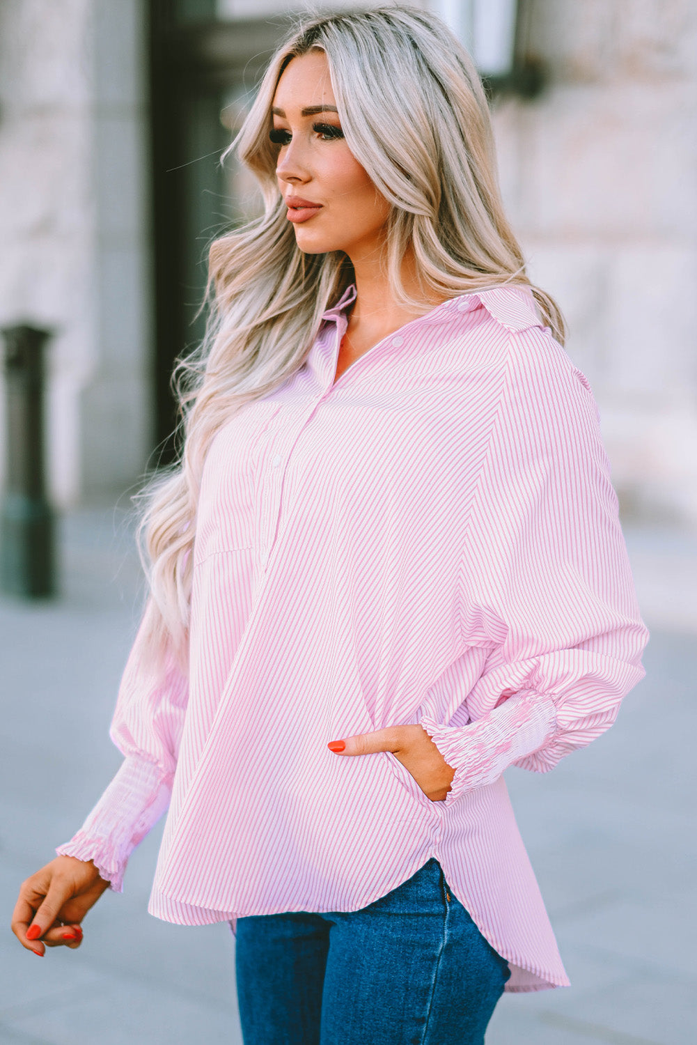 Pink Smocked Cuffed Striped Boyfriend Shirt with Pocket