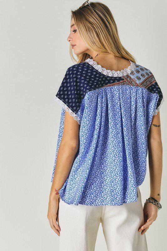 Blue Printed Lace V-Neck Top