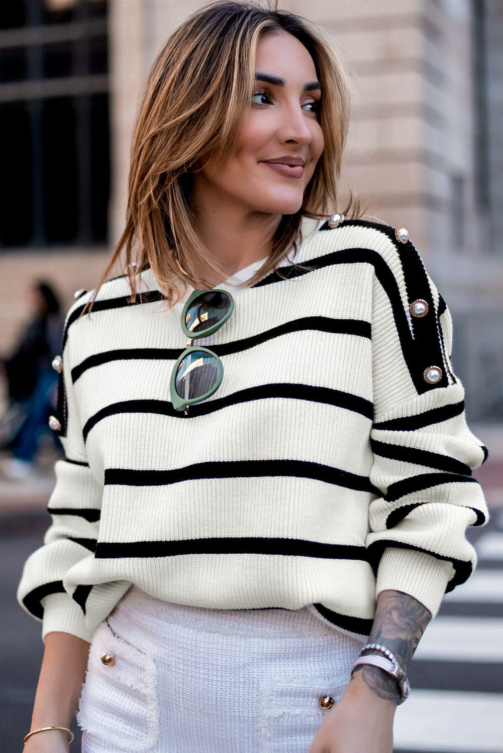 Black & White Stripe Print Button Long Sleeve Knitted Top