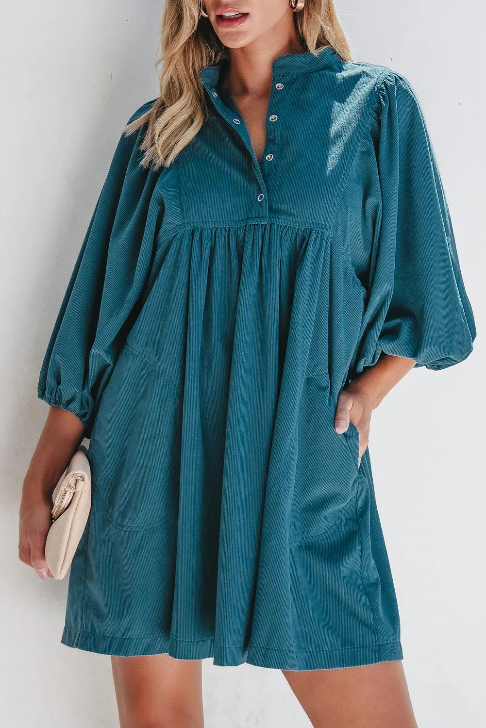 Quarter Snap Three-Quarter Sleeve Dress with Pockets