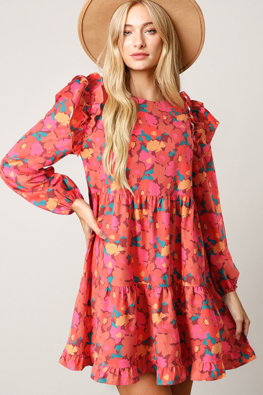 Rose Red Boho Floral Print Ruffle Tiered Mini Dress