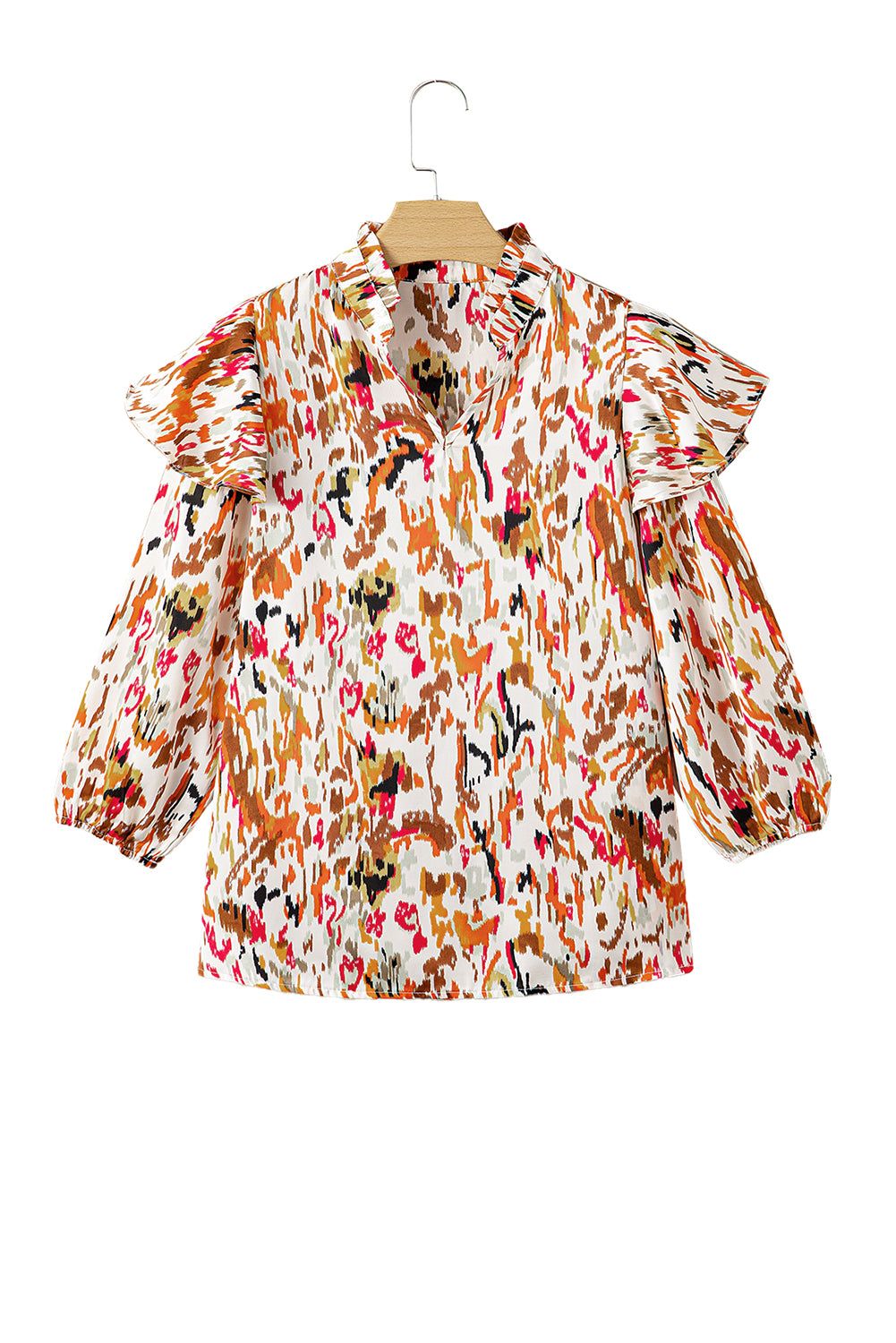 Multicolor Abstract Print 3/4 Puff Sleeve Ruffle Blouse