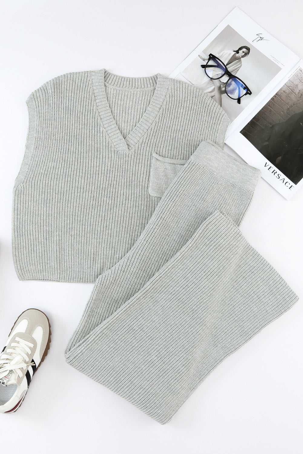 Gray Knitted V Neck and Casual Pants Set