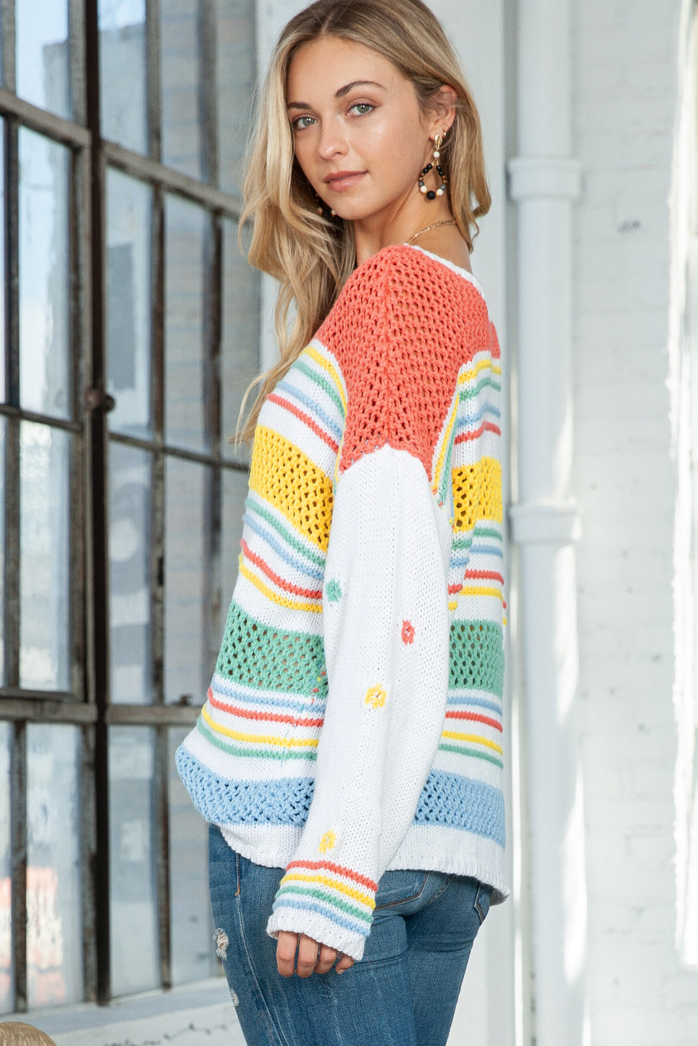 Multicolor Knitted Pullover Long Sleeve Cute Sweater