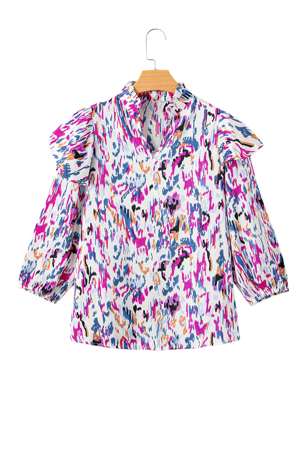 Multicolor Abstract Print 3/4 Puff Sleeve Ruffle Blouse