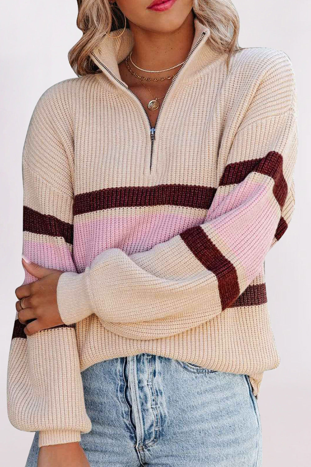 Apricot Stripes Print Quarter Zip Collared Knit Sweater