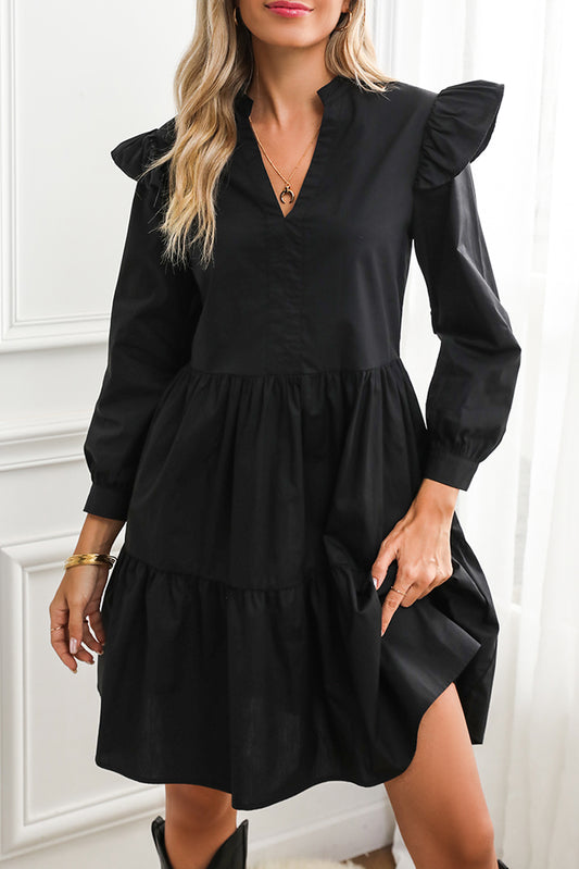 Black V Neck Ruffle Shoulder Tiered Mini Dress