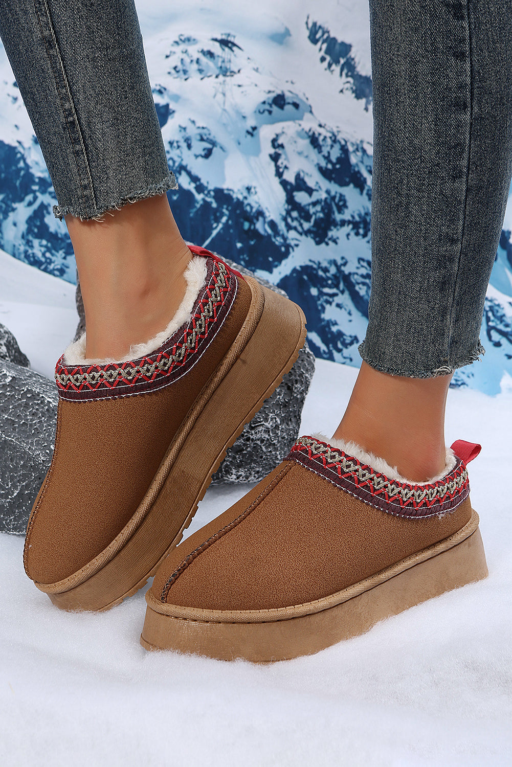 Chestnut Suede Contrast Print Plush Lined Slippers