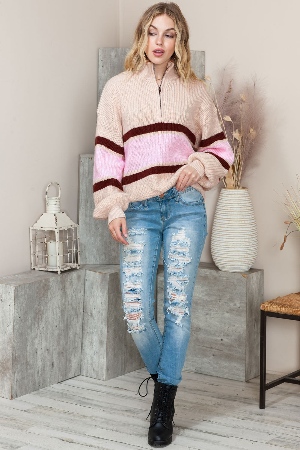 Apricot Stripes Print Quarter Zip Collared Knit Sweater