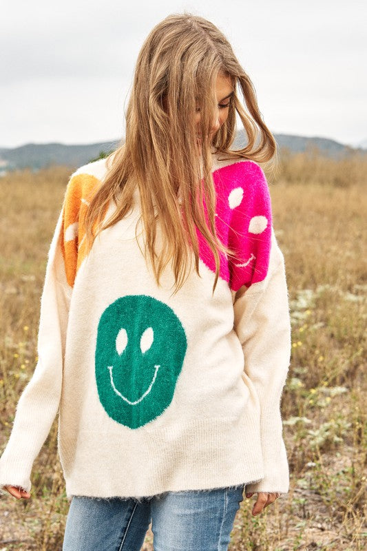 Smile Printed Long Sleeve Loose Fir Knit Sweater