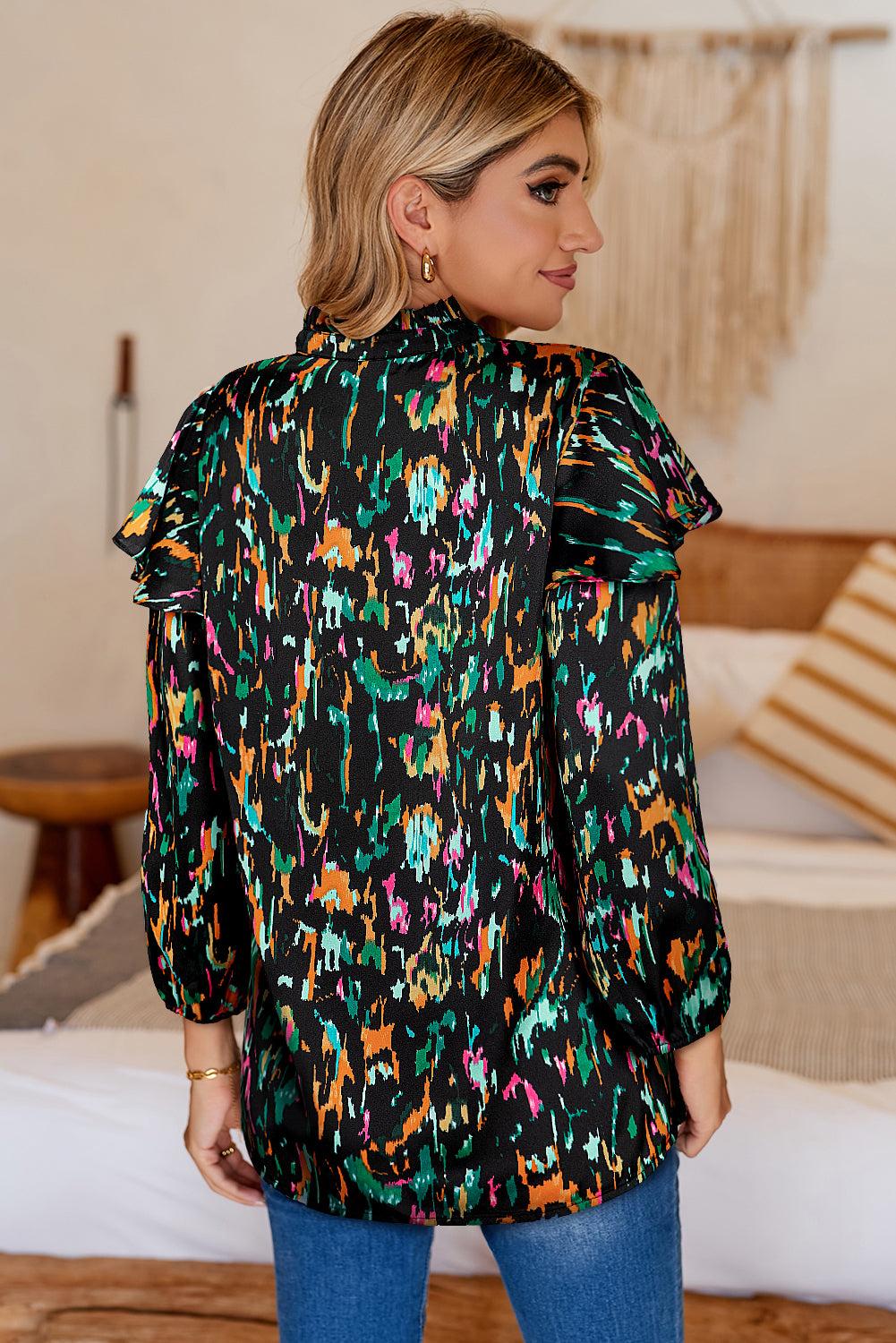 Multicolor Abstract Print 3/4 Puff Sleeve Ruffle Blouse