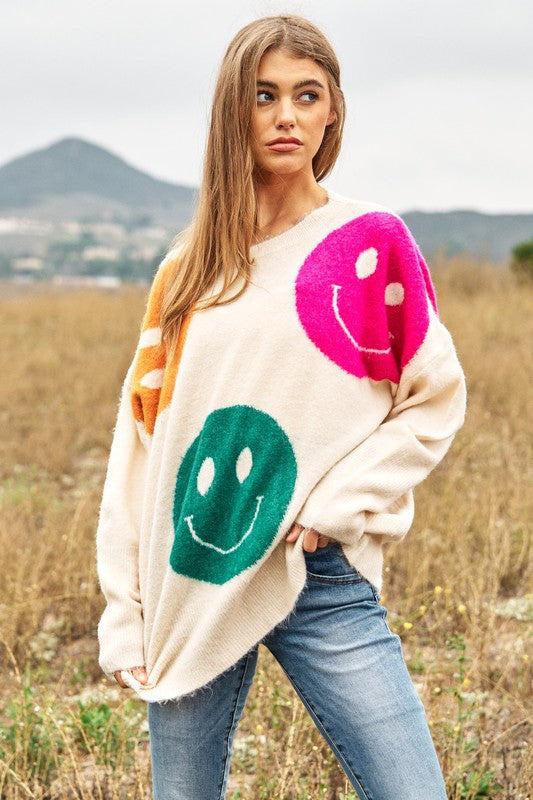 Smile Printed Long Sleeve Loose Fir Knit Sweater