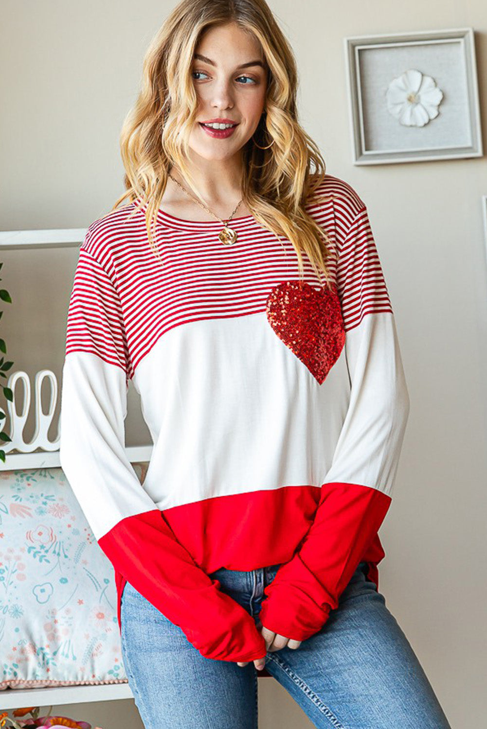 Red Striped Valentines Day Sequin Heart Long Sleeve Top