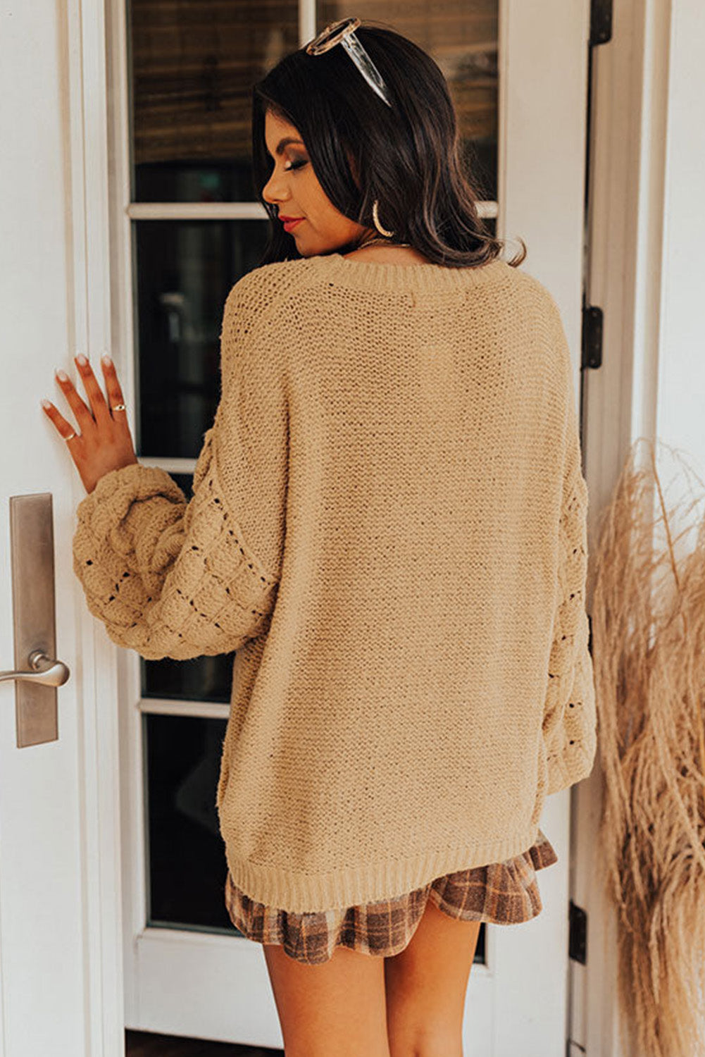 Khaki Casual Hollowed Long Sleeve Knit Sweater