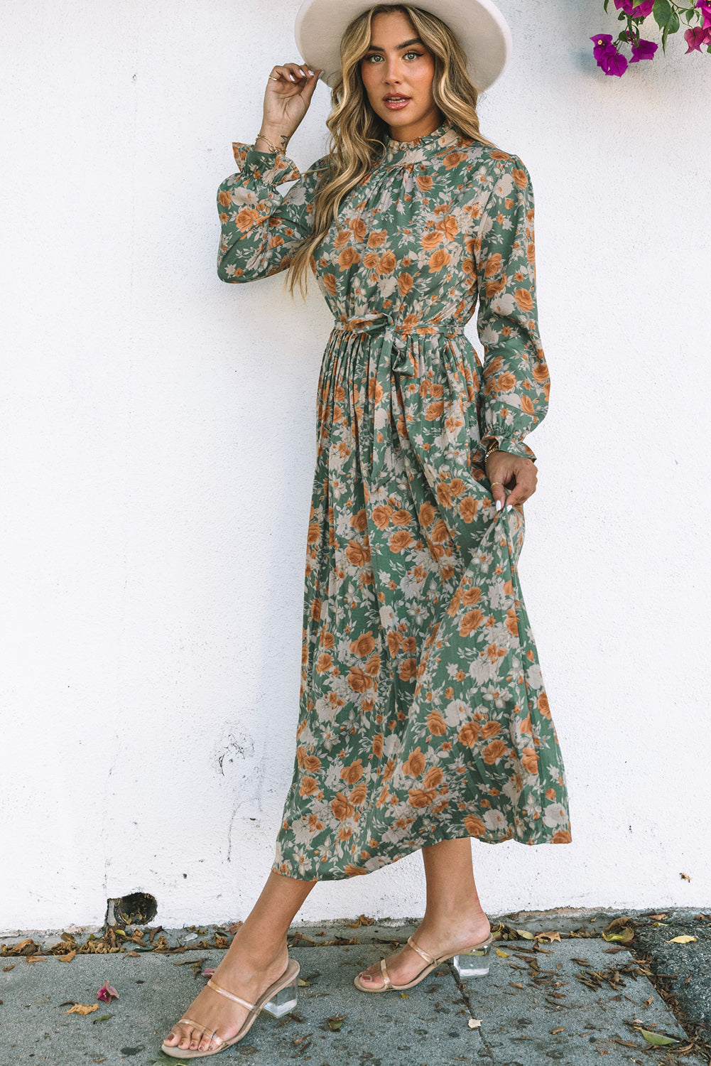 Green Frill Neck Boho Floral Print Pleated  Maxi Dress