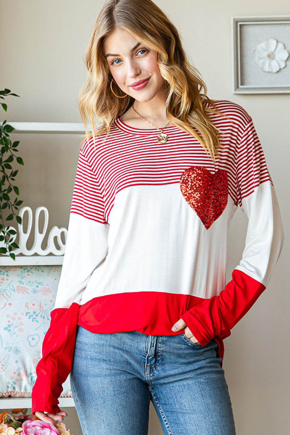 Red Striped Valentines Day Sequin Heart Long Sleeve Top