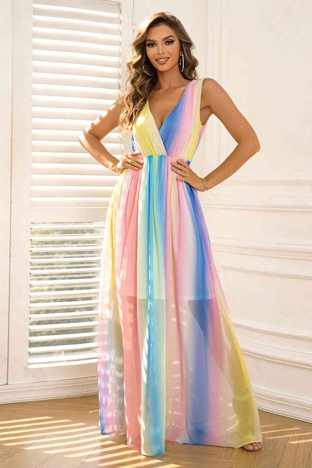 Rainbow Bright Surplice Neck Sleeveless Maxi Dress