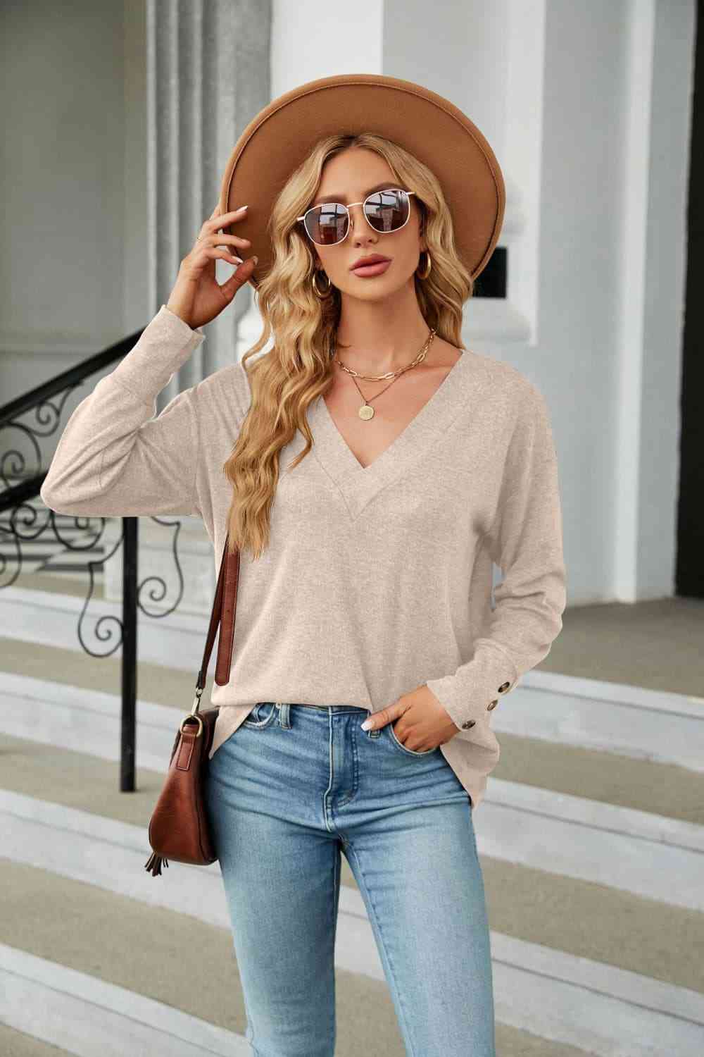 V-Neck Long Sleeve T-Shirt: BLACK OR BEIGE