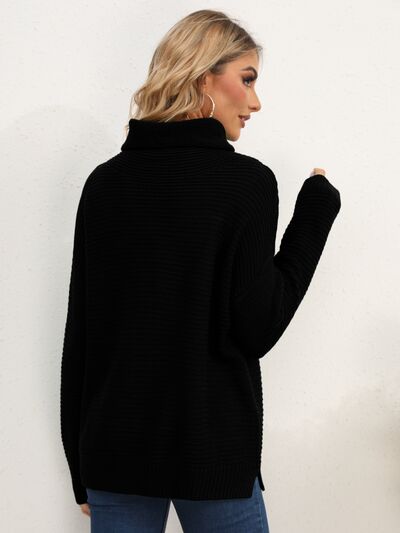 Slit Turtleneck Dropped Shoulder Sweater: Red or Black