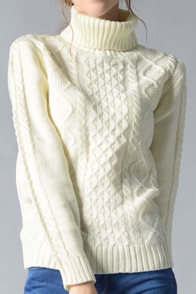 Cream Cable-Knit Turtleneck Pullover Sweater