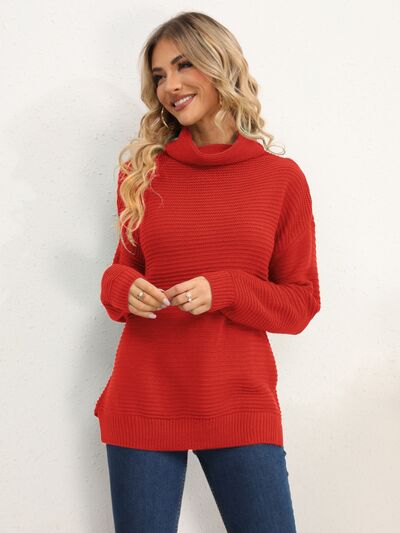 Slit Turtleneck Dropped Shoulder Sweater: Red or Black