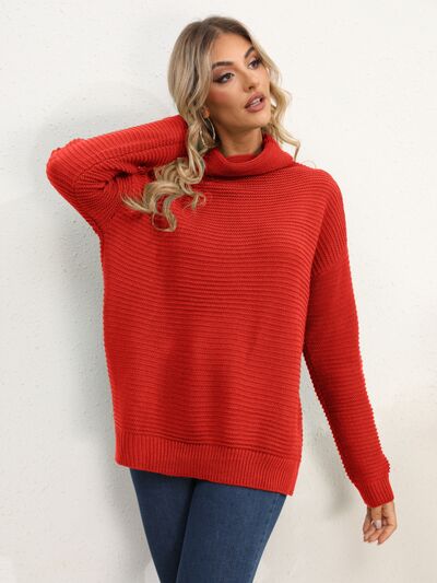 Slit Turtleneck Dropped Shoulder Sweater: Red or Black