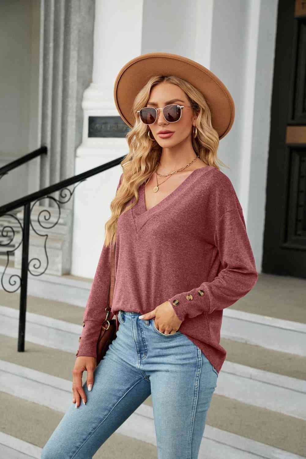 V-Neck Long Sleeve T-Shirt: BLACK OR BEIGE