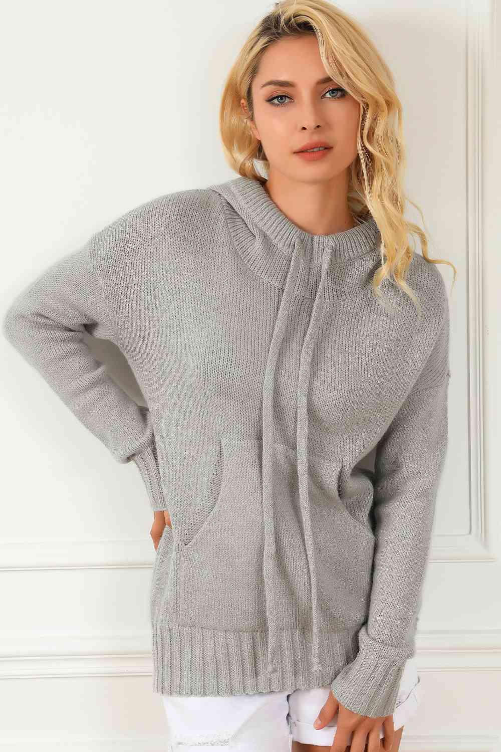 Grey Drawstring Hooded Sweater with Pocket