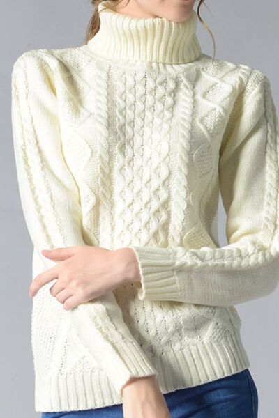 Cream Cable-Knit Turtleneck Pullover Sweater