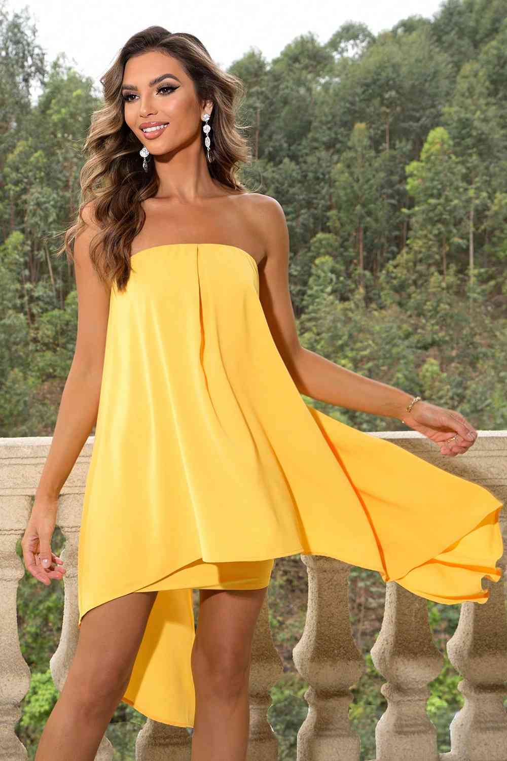 Walking On Sunshine Strapless Slit Layered Dress