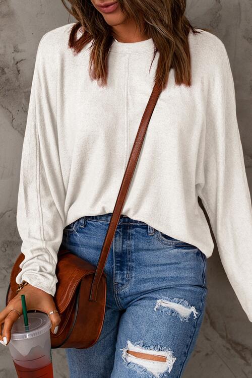 Ivory Seam Detail Round Neck Long Sleeve Top