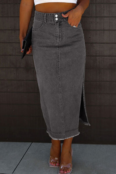 Raw Hem Slit Pocketed Denim Skirt