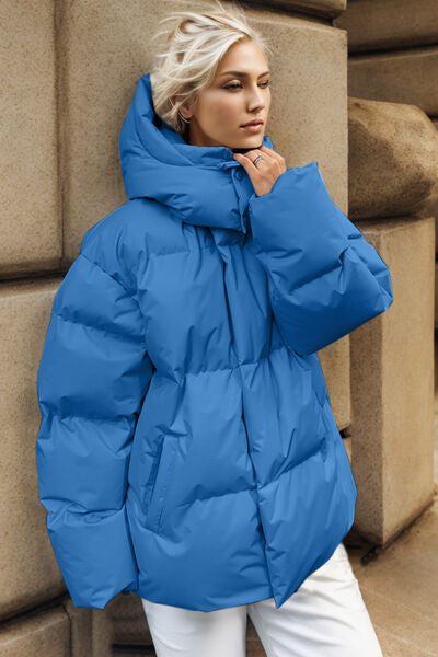 Sky Blue Pocketed Zip Up Hooded Puffer Jacket