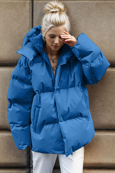 Sky Blue Pocketed Zip Up Hooded Puffer Jacket