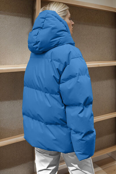 Sky Blue Pocketed Zip Up Hooded Puffer Jacket