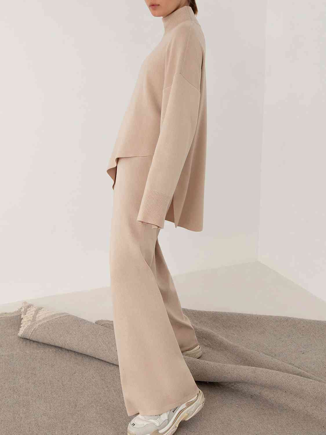 Beige Asymmetrical Hem Knit Top and Pants Set