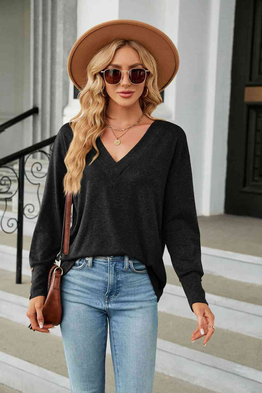 V-Neck Long Sleeve T-Shirt: BLACK OR BEIGE