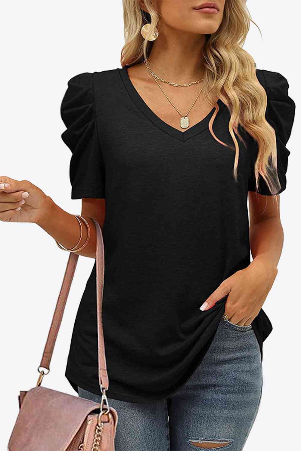 V-Neck Puff Sleeve Tee: GREY, WHITE OR BLACK