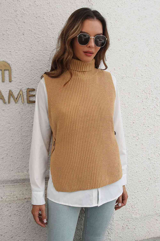 Ribbed Mock Neck Sleeveless Sweater Vest: Black or Tan