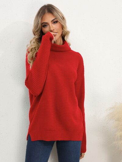 Slit Turtleneck Dropped Shoulder Sweater: Red or Black