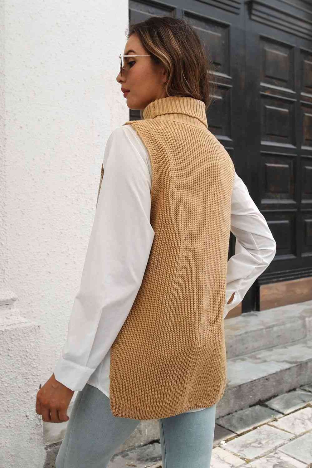 Ribbed Mock Neck Sleeveless Sweater Vest: Black or Tan