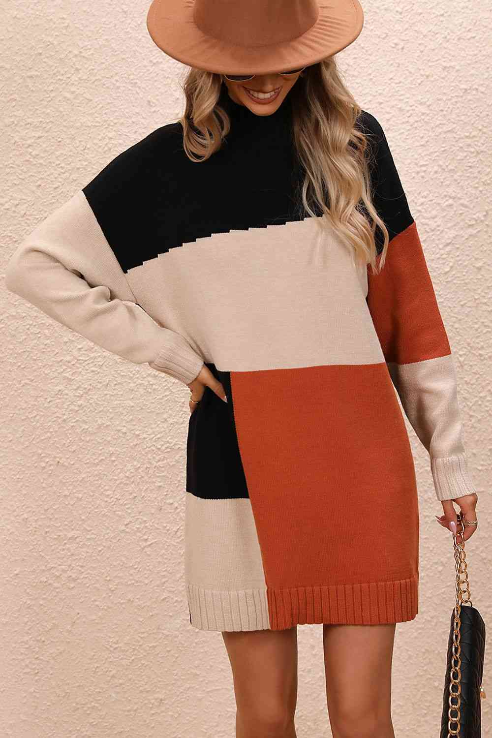 Color Block Mock Neck Sweater Dress