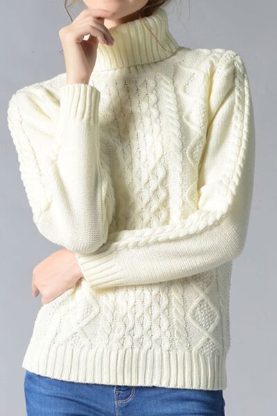 Cream Cable-Knit Turtleneck Pullover Sweater